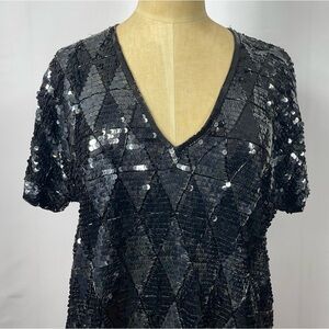 Argenti Sequin Beaded Top Med Black Glam Disco Silk Cocktail Retro 70s Party